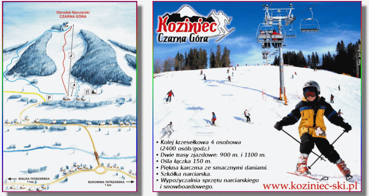 Koziniec Ski, stacja narciarska, kolej linowa, Tatry, Babia G&oacute;ra, Gorce, Pieniny, stok, wyciąg, wypożyczalni nart, trasy zjazdowe, niebieska, czerwona